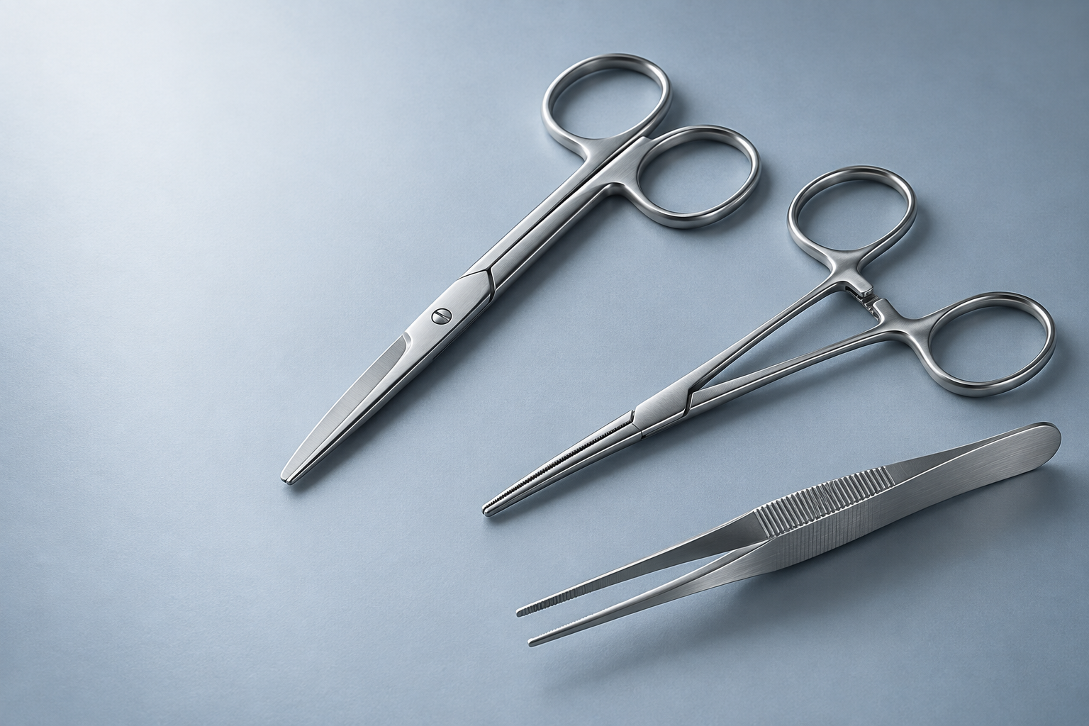 Illustrative studio arrangement of stainless steel surgical instruments