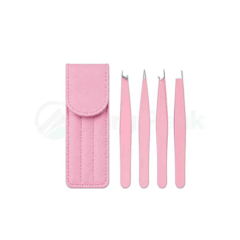 Professional Tweezers for Eyebrows Stainless Steel Kit with Pink Leather Case